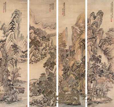 姜筠 1906年作 山水 四屏 181×46cm×4